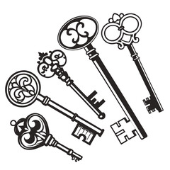 Vector art of a collection of antique and ornate skeleton keys, isolated on a white background