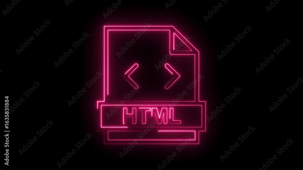 Poster glowing neon pink h t m l file icon with code symbols and vibrant light effect on isolated black bac
