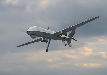 Obraz premium Military unmanned aerial vehicle in flight against a cloudy sky. Unmanned aerial vehicle in flight with weaponry, military personnel with military drone. aerial warfare.