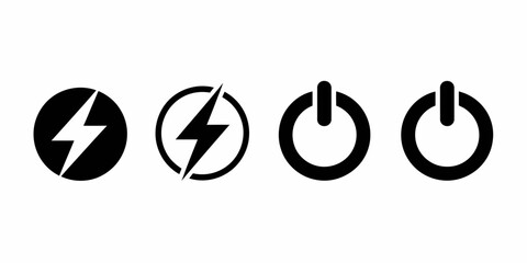 Power and Energy Icons Set – Lightning Bolt, Charging, On/Off Symbols

