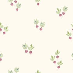 Vector Seamless Radish Pattern, Cute Minimalist Kids Vegetable Design with Tiny Hand-Painted Root Crops on White Background