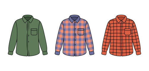 Three flannel shirts in different colors and patterns