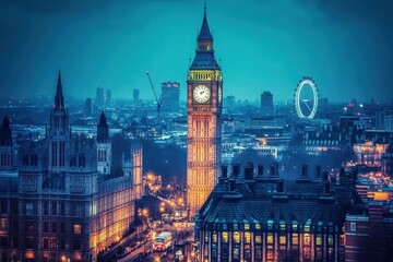 Night view of London's iconic landmarks illuminated against the dark sky, Aerial night view of London UK