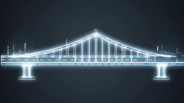 Bridge construction icon forming with animated line work on dark background