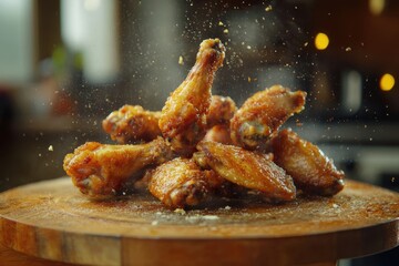 Chicken wings fall in slow motion onto wooden cutting board capturing deliciousness and texture, Chicken wings falling in slow motion onto a wooden platter cinematic footage