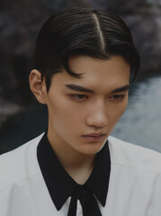 Young man with slicked-back hair and a serious expression.