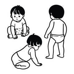 Vector art of three babies in different poses crawling, sitting, and standing, isolated on white background