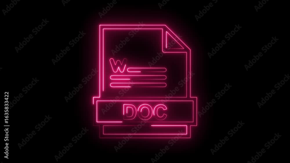 Poster glowing neon pink doc file icon animation on black background representing document creation digital