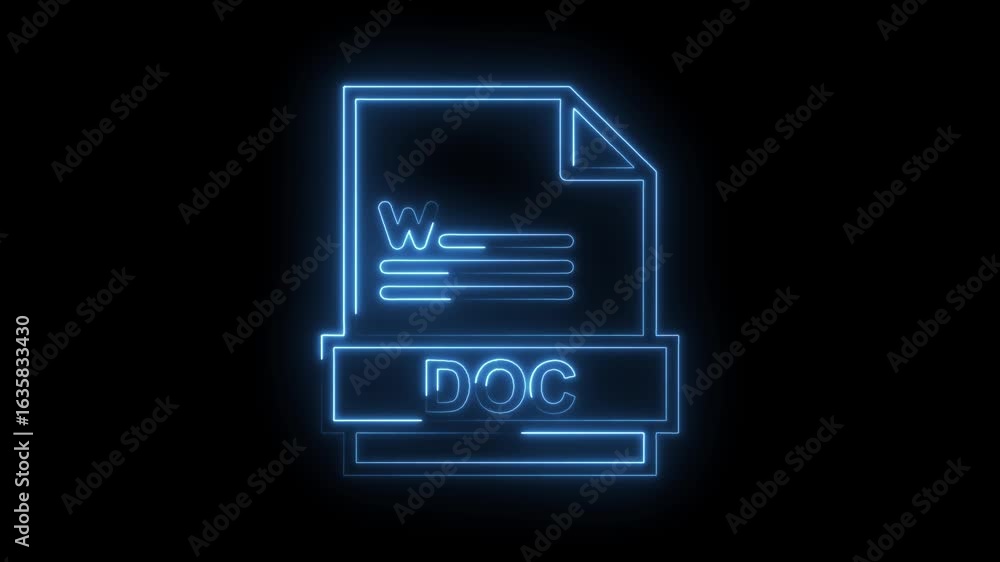 Aufkleber glowing blue neon d o c file icon with text and lines on a transparent black background representing