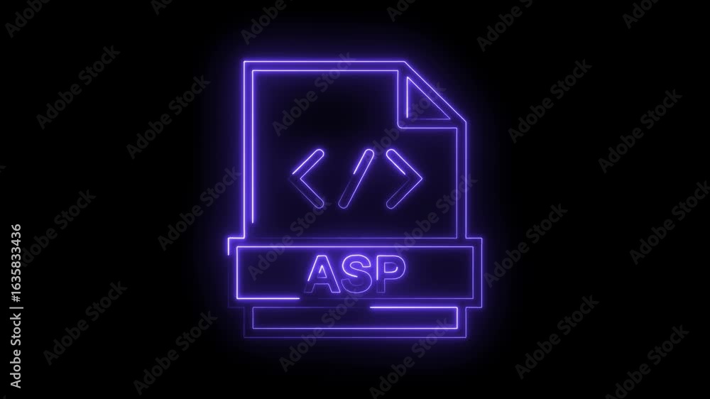 Poster glowing neon purple a s p file icon with code symbols and vibrant light effect isolated on black bac