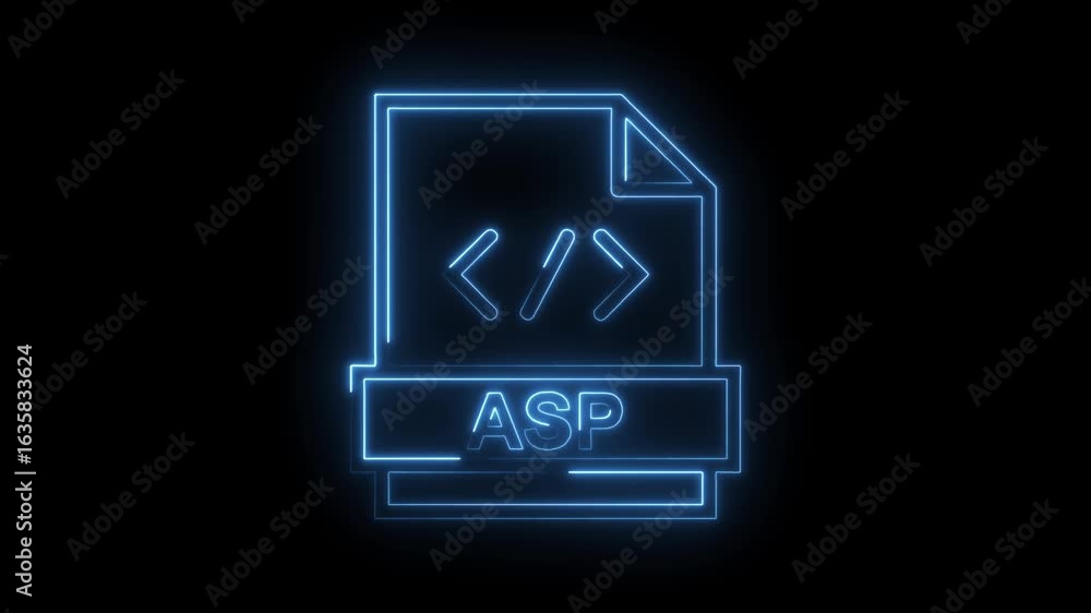 Poster glowing blue neon a s p file icon with code symbols and transparent background for digital technolog