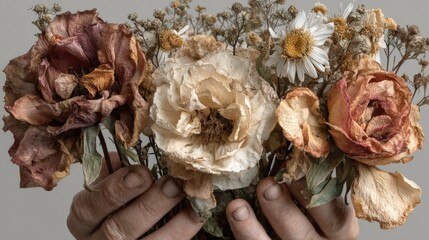 Wilted flowers resting in delicate hands evoke a feeling of loss and fragility