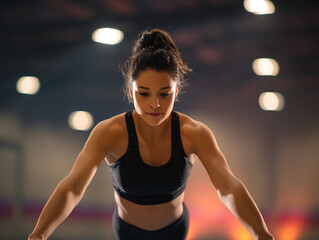 female athlete practicing gymnastics in training facility, showcasing focus and agility