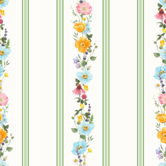 Trendy stylish Vertical Striped floral pattern with wild flowers and intertwining leaves. vintage style pattern. Design for fashion , fabric, textile, wallpaper , wrapping and all prints