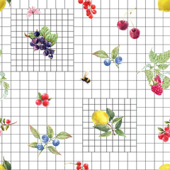 Seamless Watercolor Berry Pattern on Geometric Grid, Hand Painted Fruit and Floral Design with Lemons, Cherries, Blueberries, and Bees Modern Botanical Background for Fabric, Wallpaper, Packaging