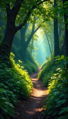 Naklejka premium Mysterious Winding Path Through Lush Foliage Sunlight Fights Through Dense Canopy, Creating Dramatic Shadows and a Sense of Seclusion