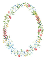 Watercolor Floral Oval Wreath with Blue Ribbon, Hand-Painted Botanical Frame for Wedding Invitations, Greeting Cards, Baby Shower, and Spring Decor