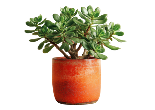 A vibrant jade plant in a terracotta pot.  The succulent displays lush green leaves in a rosette pattern.  The pot is a warm orange-red