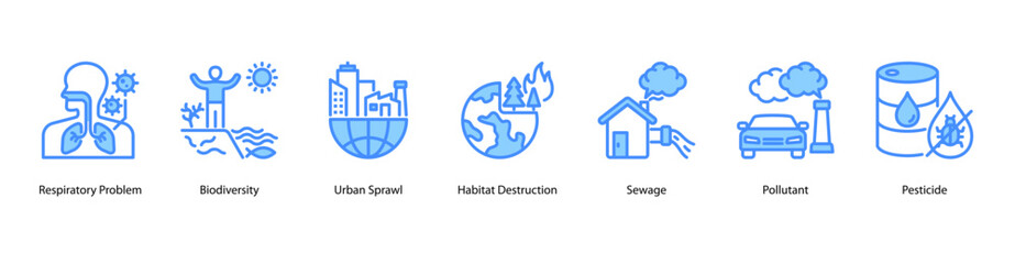 Respiratory Health Risk web banner icon vector illustration featuring Respiratory Problem, Biodiversity, Urban Sprawl, Habitat Destruction, Sewage, Pollutant, and Pesticide.