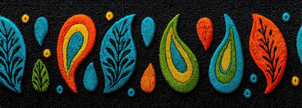 Minimalist paisley pattern in vibrant colors on textured black background