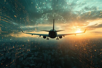 Flying through digital skies with data and artificial intelligence at sunset, Flying in the Data Artificial Intelligence Digital Brain offers