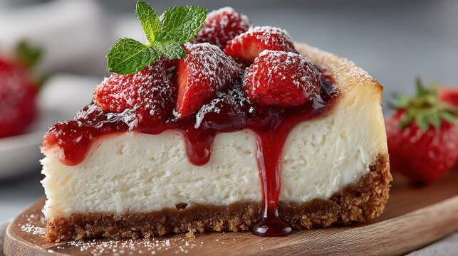 Classic New York cheesecake topped with fresh strawberries on a clean background