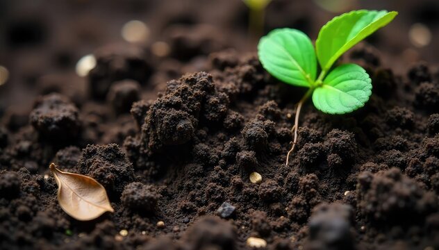 Fototapeta Close-up of rich, dark soil, textured and damp, with visible plant roots and decaying leaves  perfect for nature, gardening, or environmental themes , macro, farming