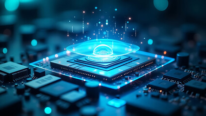 Glowing futuristic microchip with digital data streams