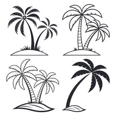 Fototapeta premium Vector art of collection of four stylized palm trees, isolated on a white background, representing tropical island scenery and summer vacation