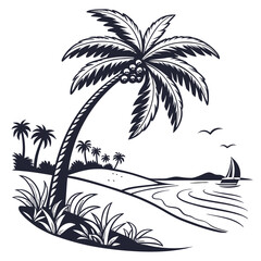 Obraz premium Vector art of a black and white illustration of a leaning palm tree on a tropical beach with a sailboat on the ocean