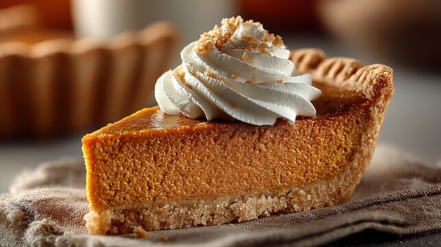 Classic pumpkin pie slice served with whipped cream on simple beige background