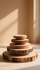 Wooden podium made of round slices for product presentation and display