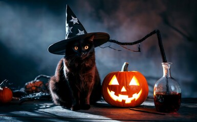 A black cat wearing a witch hat sitting next to a glowing jackolantern and a potion on a dark halloween night