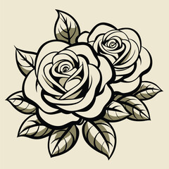 Vector art of a classic black and white illustration of two blooming roses with leaves, rendered in a traditional tattoo style