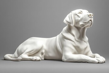 White dog statue lying down on a grey background