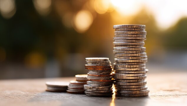Stack of coins on a blurred background, a financial concept. A stack of silver coins with sunset light and bokeh