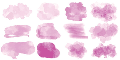 Set of soft pink watercolor translucent spots. Brushstrokes and blots of pink girly color. Collection of pastel abstract shapes for background, vector graphic