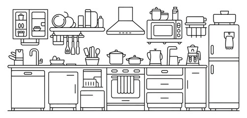 Fototapeta premium Detailed outline drawing of a fully equipped modern kitchen