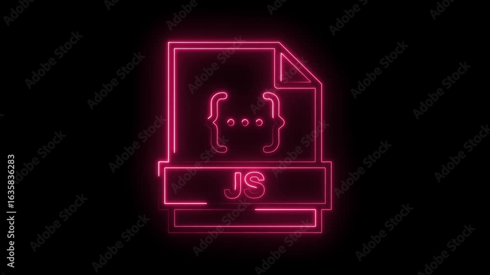 Poster vibrant pink neon java script file icon with curly braces and j s text glows brightly on a transpare