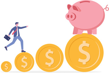 Flat illustration of businessman climbing staircase of gold coins toward calculator

