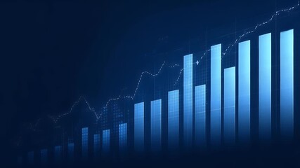 Blue stock market graph, a business background with an upward bar chart and financial data on a dark blue banner for trading or business growth concept. - Powered by Adobe