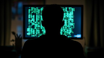 Anonymous Hacker Silhouette in Dark Room with Binary Code on Screen