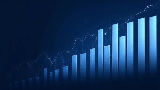 Blue stock market graph, a business background with an upward bar chart and financial data on a dark blue banner for trading or business growth concept. - Powered by Adobe