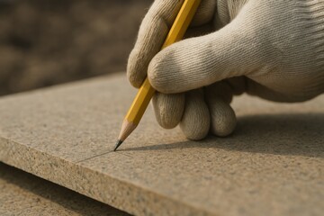 Craftsmanship in progress with a hand holding a pencil against a stone surface