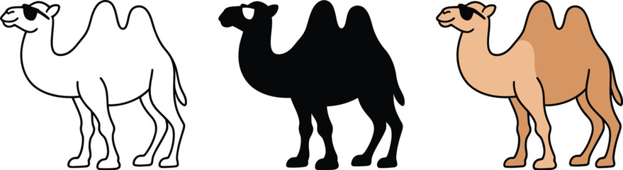 Cool camel trio with sunglasses, line art, silhouette, and color