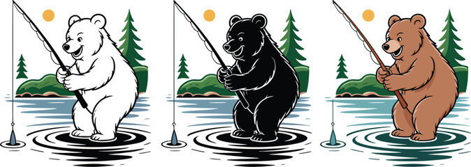 Cute bear fishing for fun in serene nature scene