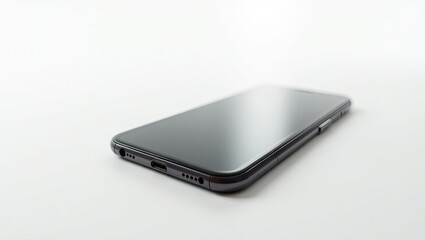 Dark gray smartphone angled on a white surface.