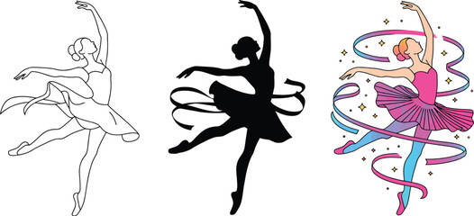 Graceful ballerina in dynamic pose with flowing ribbons