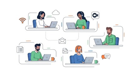 Modern Line Art of a Diverse Remote Team Connected in a Virtual Workspace.
