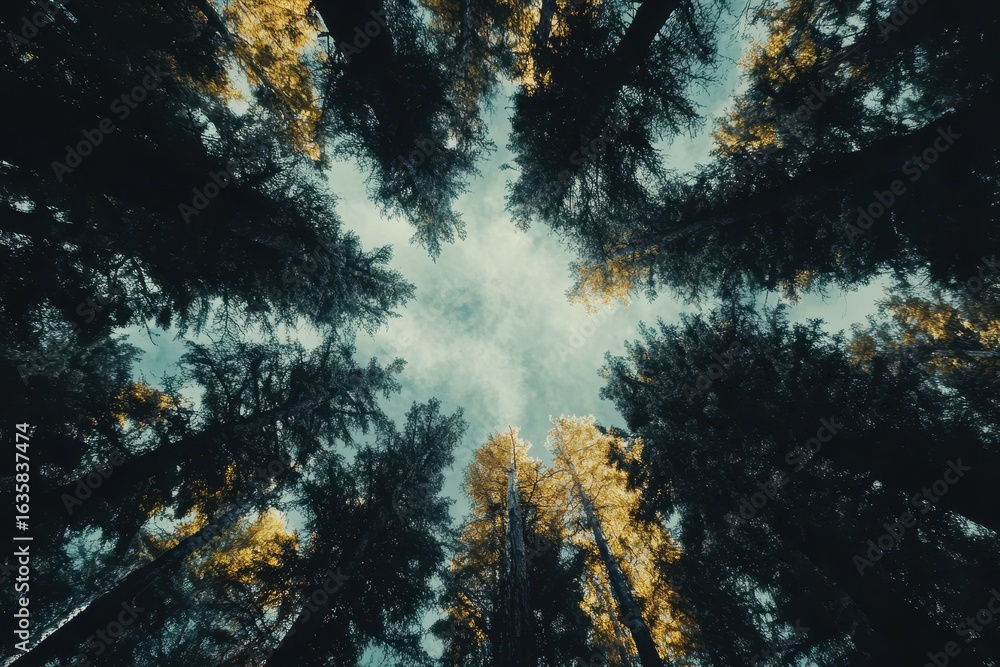 Poster low angle view of stunning trees reaching for the sky in a tranquil forest setting, amazing trees in